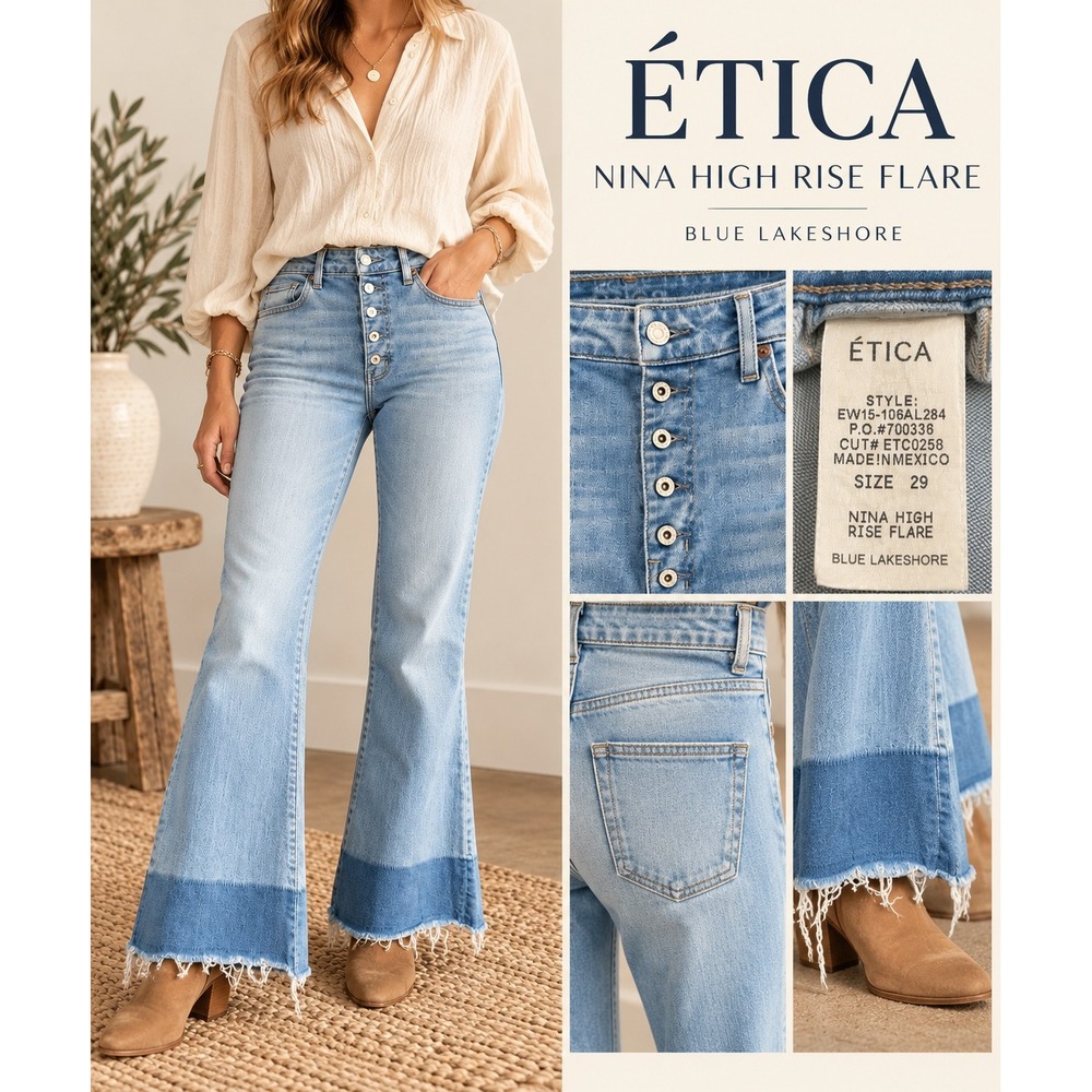 Etica Nina High Rise Flare Jeans Blue Lakeshore Raw Hem Size 29 Boho Western